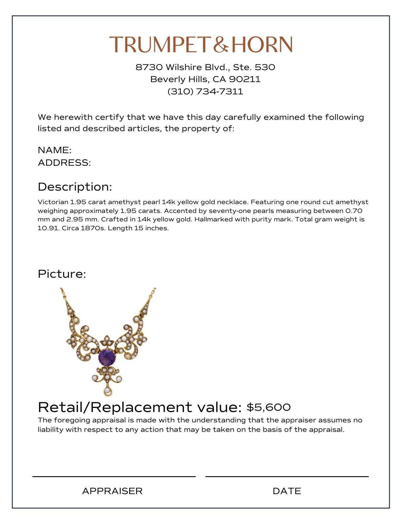 Victorian 1.95 carat amethyst pearl 14k yellow gold necklace