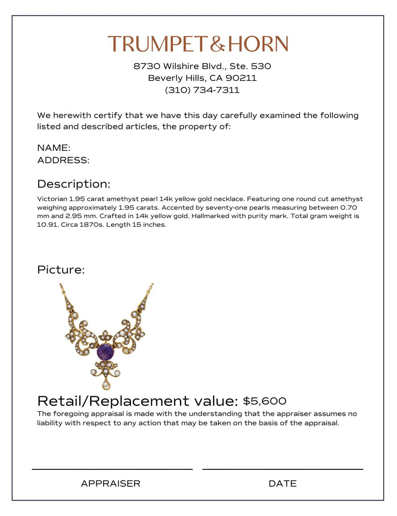 Victorian 1.95 carat amethyst pearl 14k yellow gold necklace
