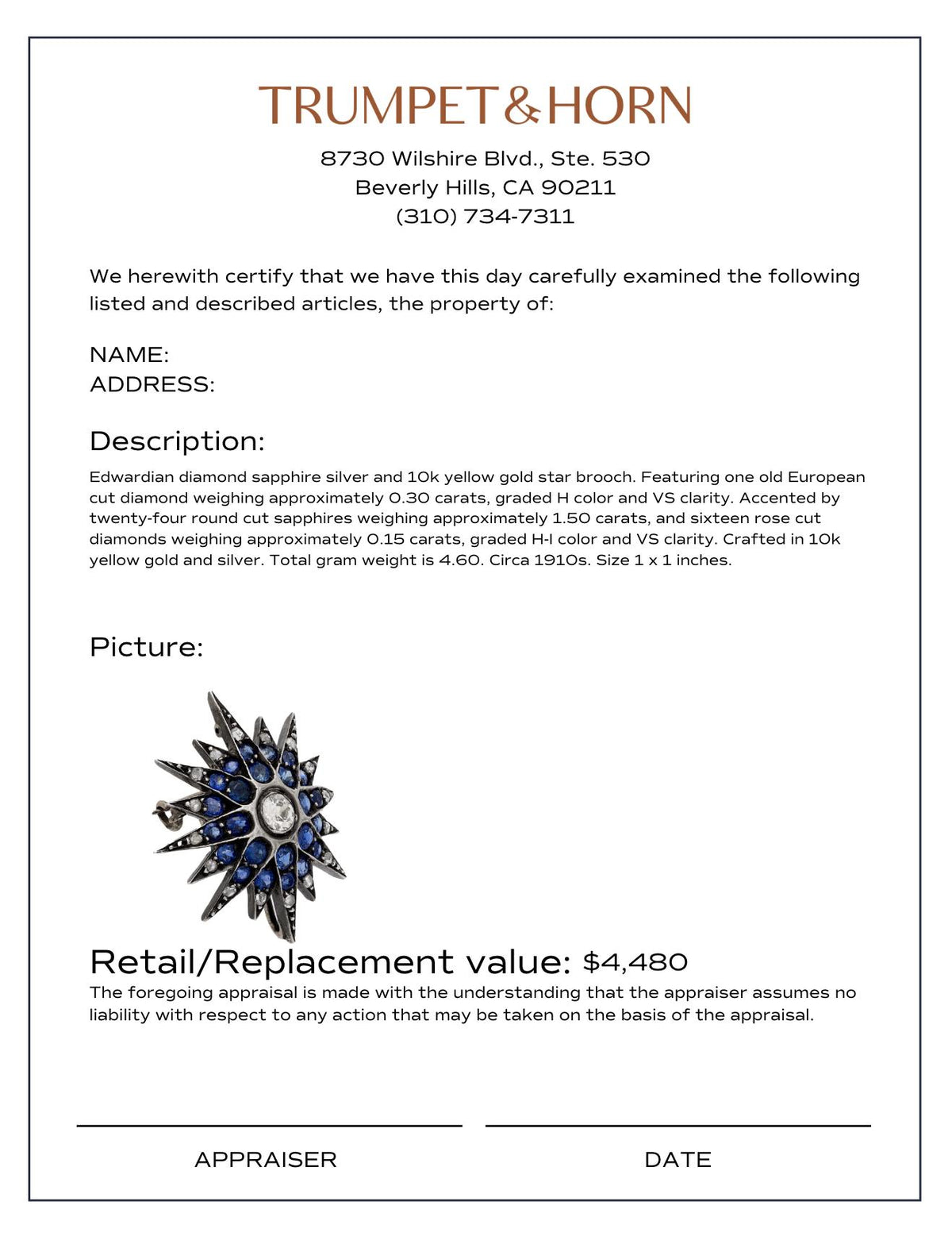 Edwardian diamond sapphire silver and 10k yellow gold star brooch