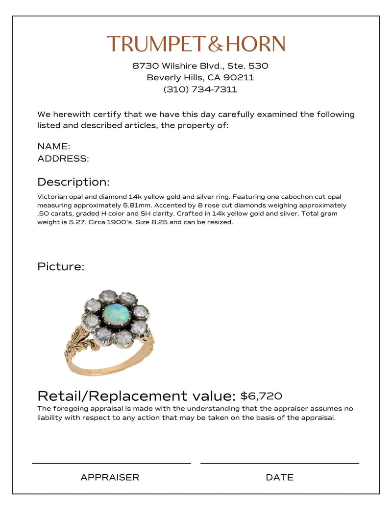 Victorian opal rose cut diamond 14k yellow gold silver cluster ring