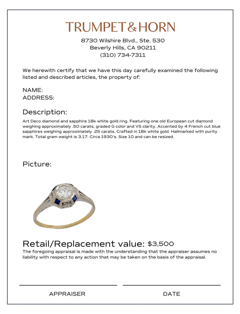 Art Deco diamond sapphire 18k white gold engagement ring