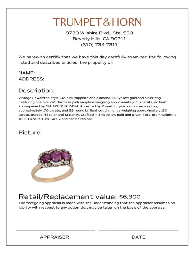 Vintage GIA 1.05 carat Burma no heat pink sapphire 14k yellow gold 3 stone ring