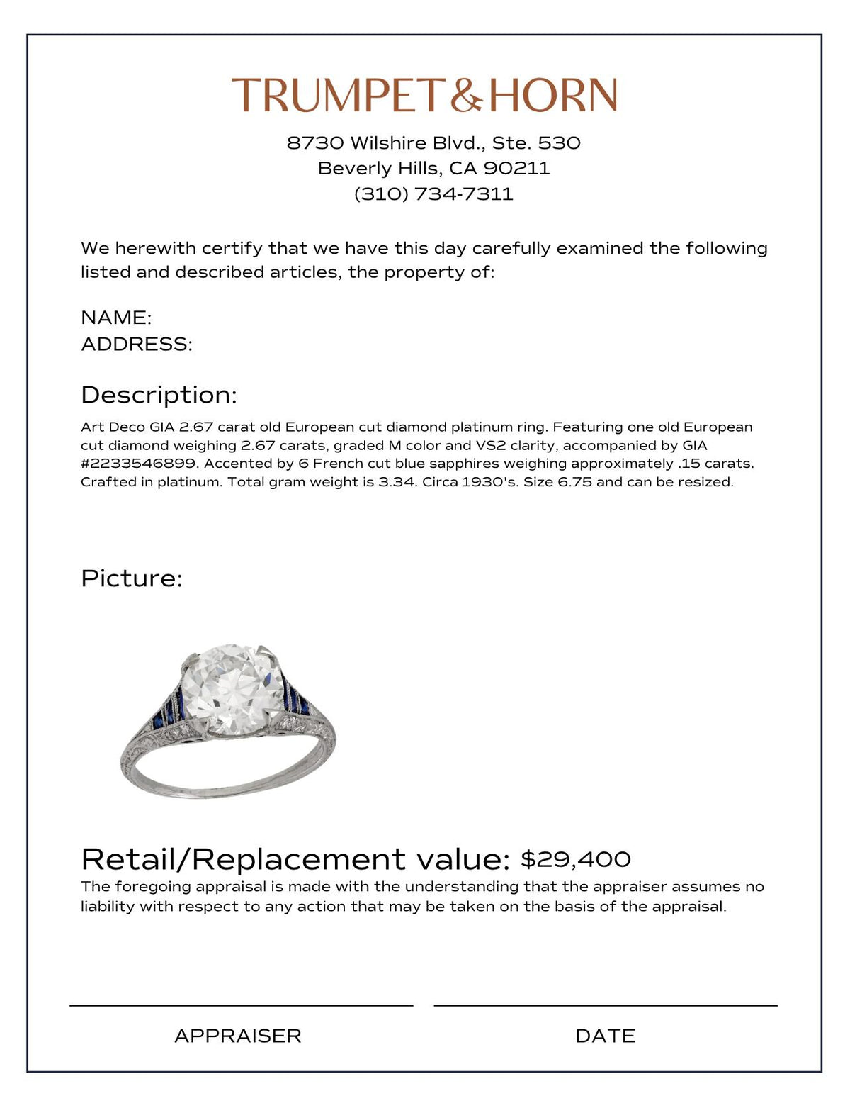 Art Deco GIA 2.67 carat old European diamond sapphire platinum engagement ring