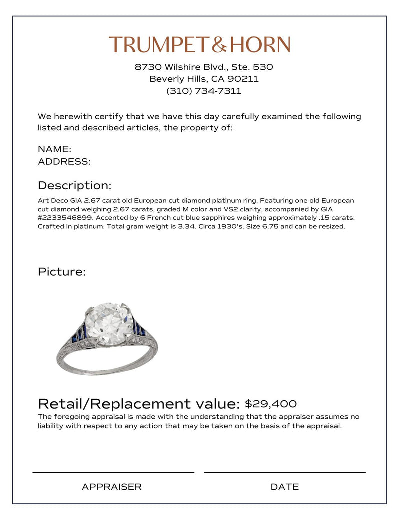 Art Deco GIA 2.67 carat old European diamond sapphire platinum engagement ring