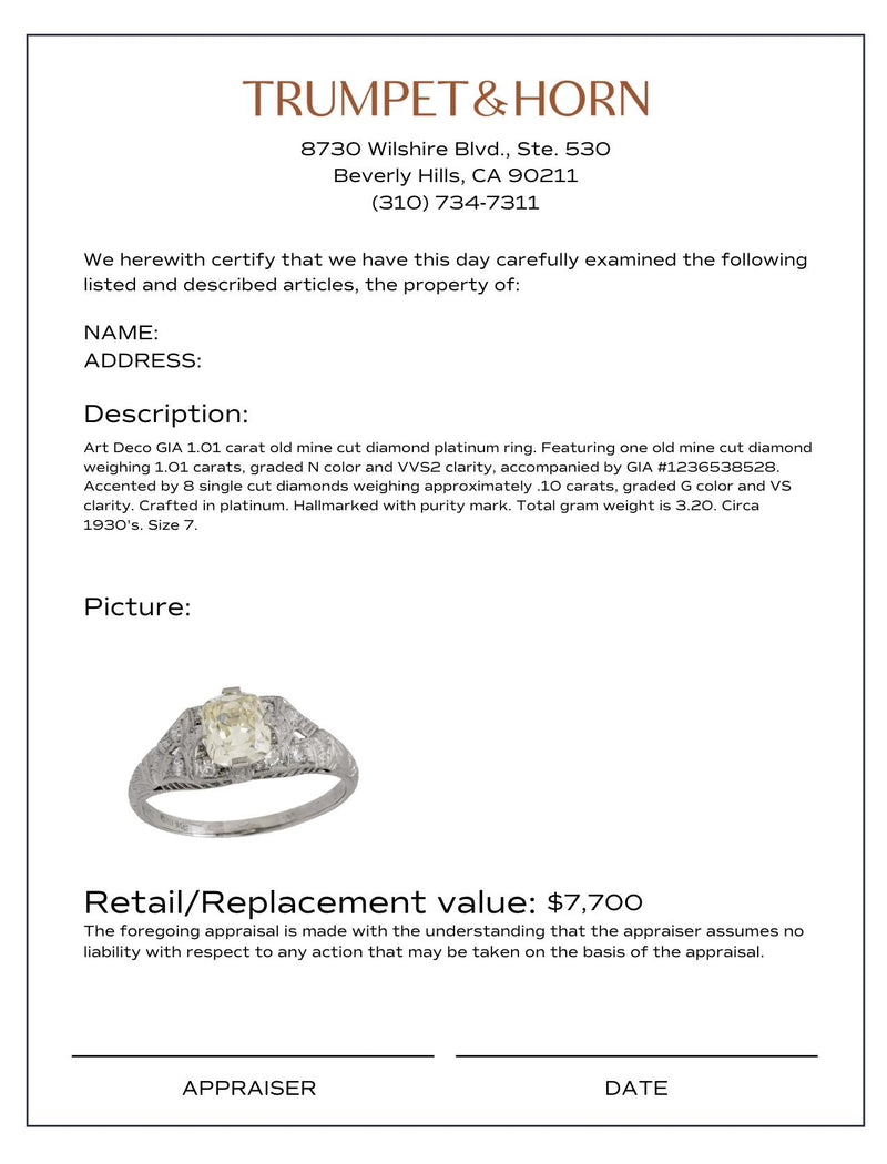 Art Deco GIA 1.01 carat old mine cut diamond platinum engagement ring