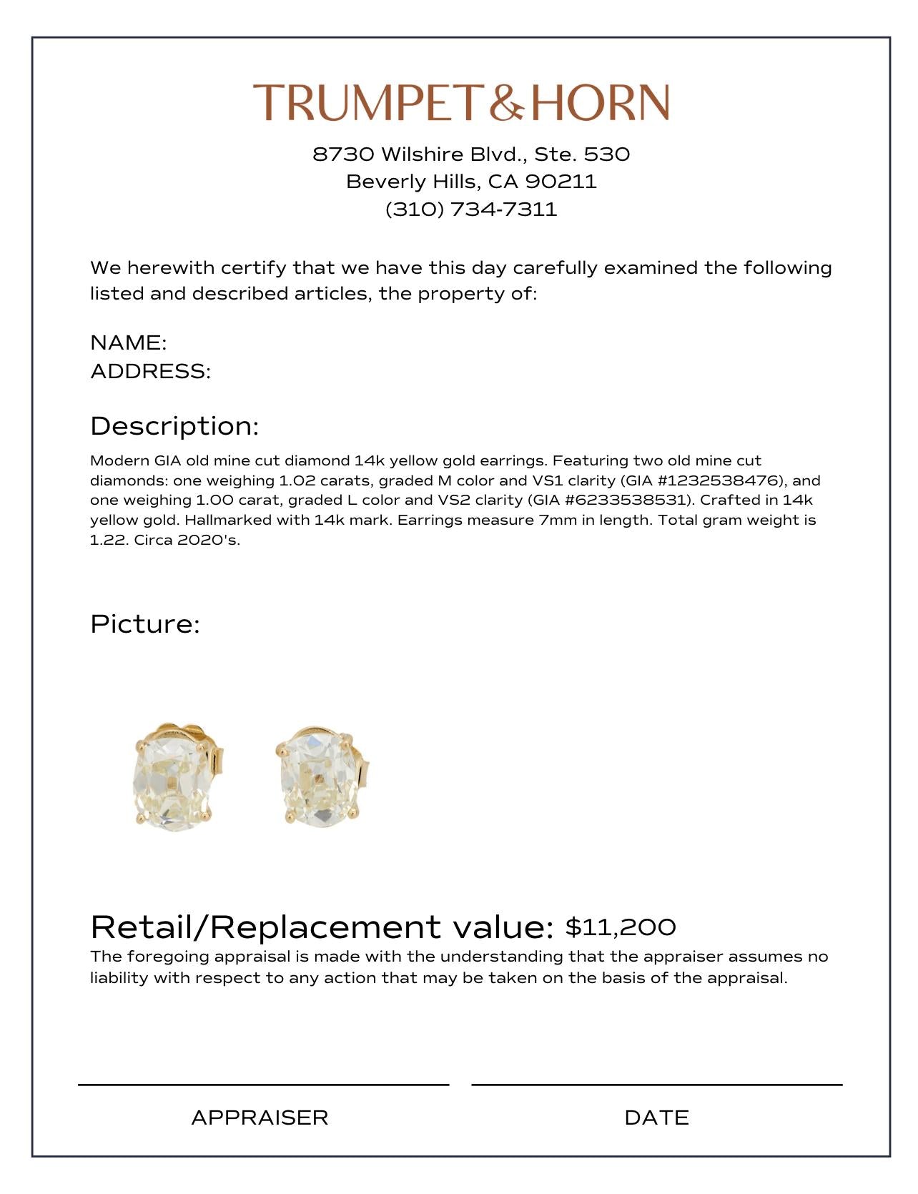 GIA 2.02 carat total weight diamond 14k yellow gold stud earrings