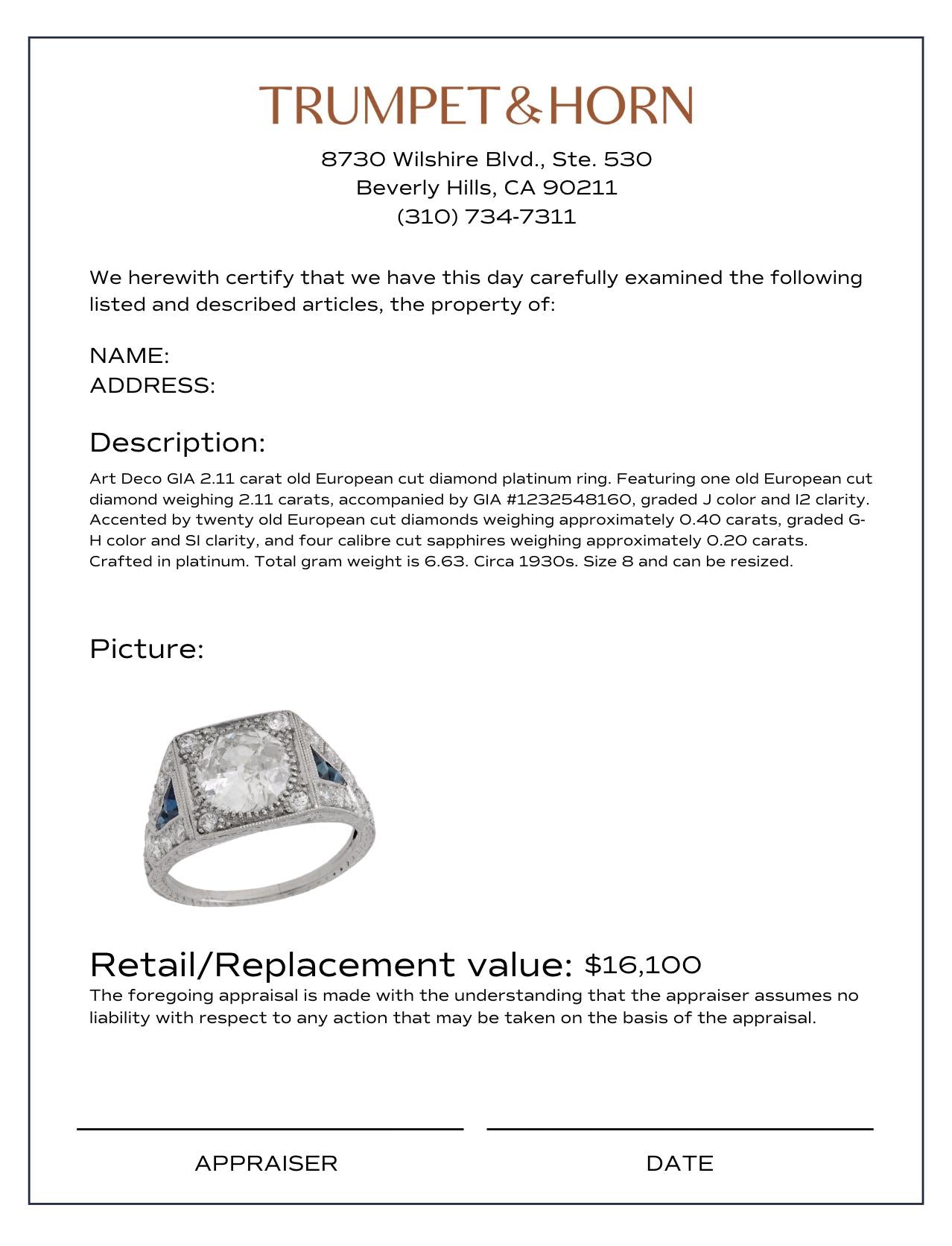 Art Deco GIA 2.11 carat diamond sapphire platinum engagement ring