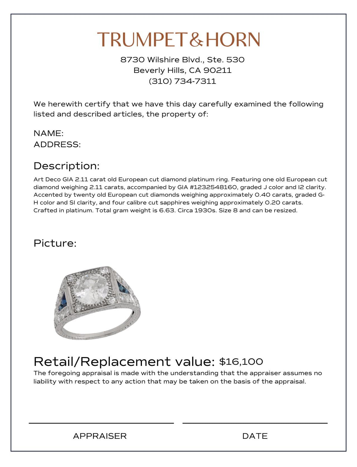 Art Deco GIA 2.11 carat diamond sapphire platinum engagement ring