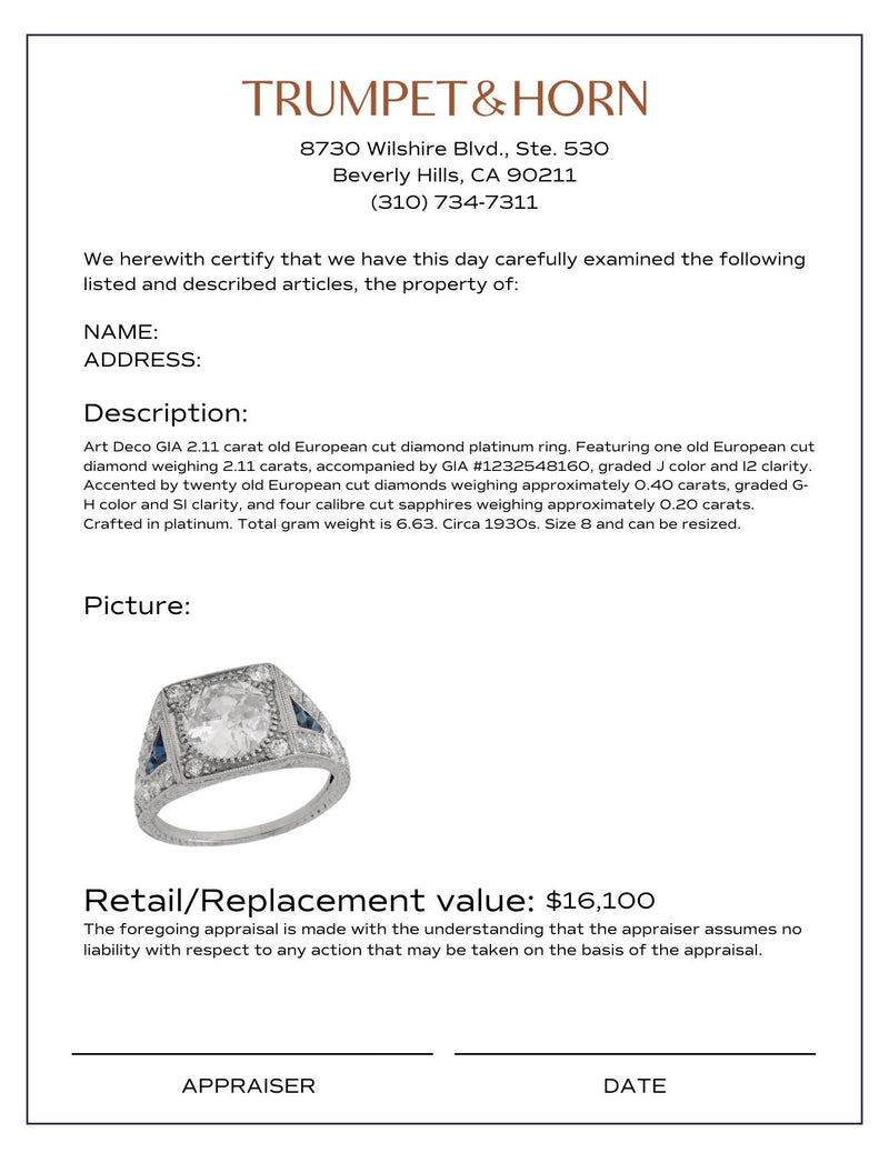Art Deco GIA 2.11 carat diamond sapphire platinum engagement ring