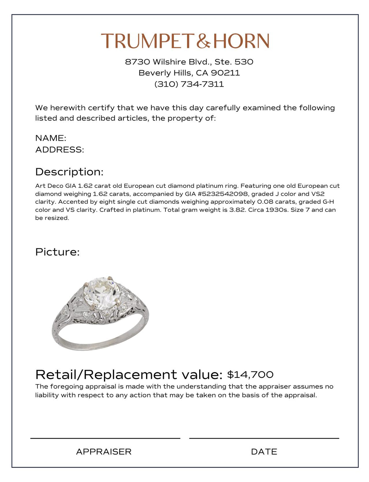 Art Deco GIA 1.62 carat diamond platinum engagement ring