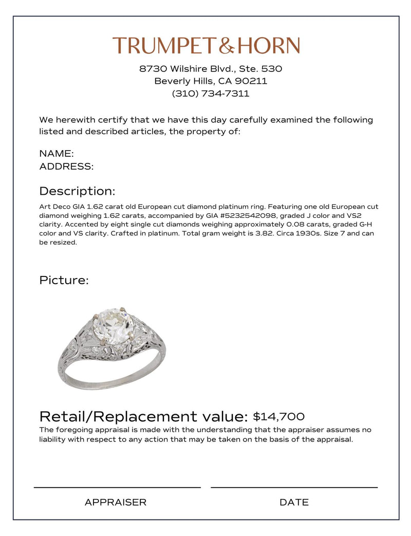 Art Deco GIA 1.62 carat diamond platinum engagement ring