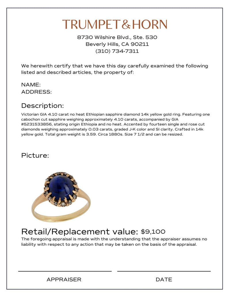 Victorian GIA 4.10 carat cabochon cut no heat sapphire 14k yellow gold ring