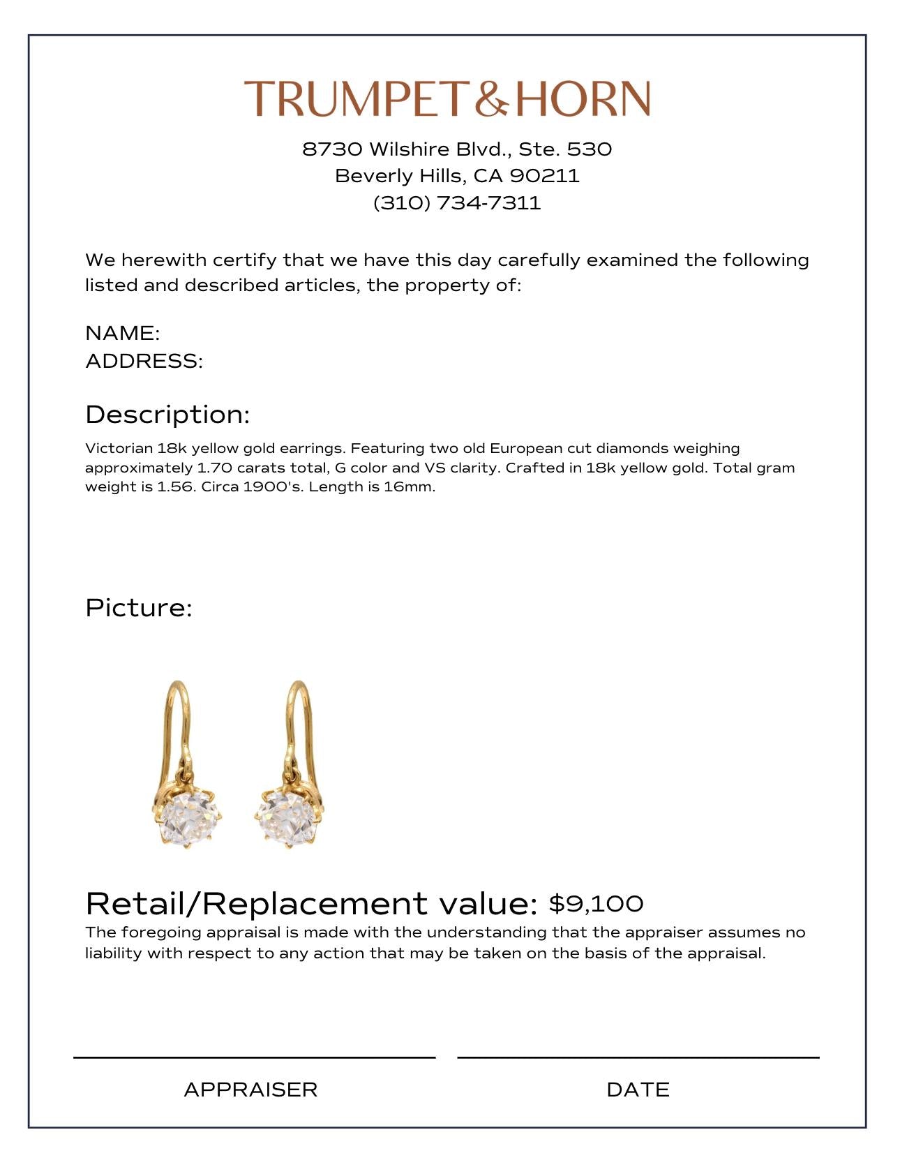Victorian 1.70 carat total weight diamond 18k yellow gold drop earrings