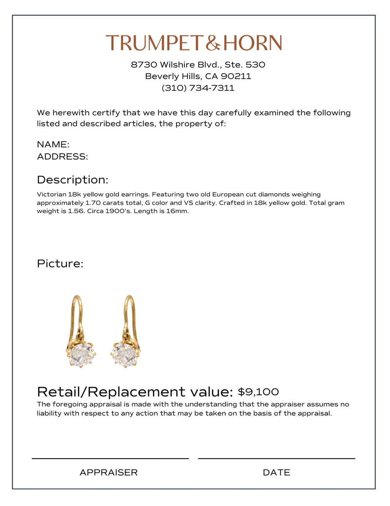 Victorian 1.70 carat total weight diamond 18k yellow gold drop earrings