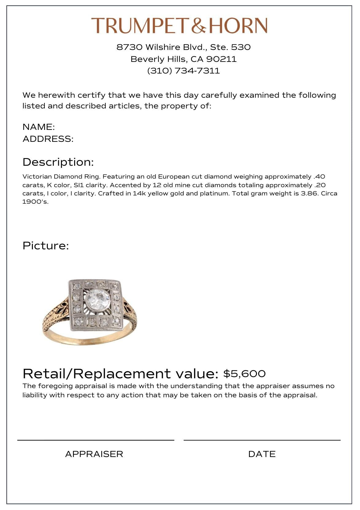 Victorian old cut diamond 14k yellow gold ring