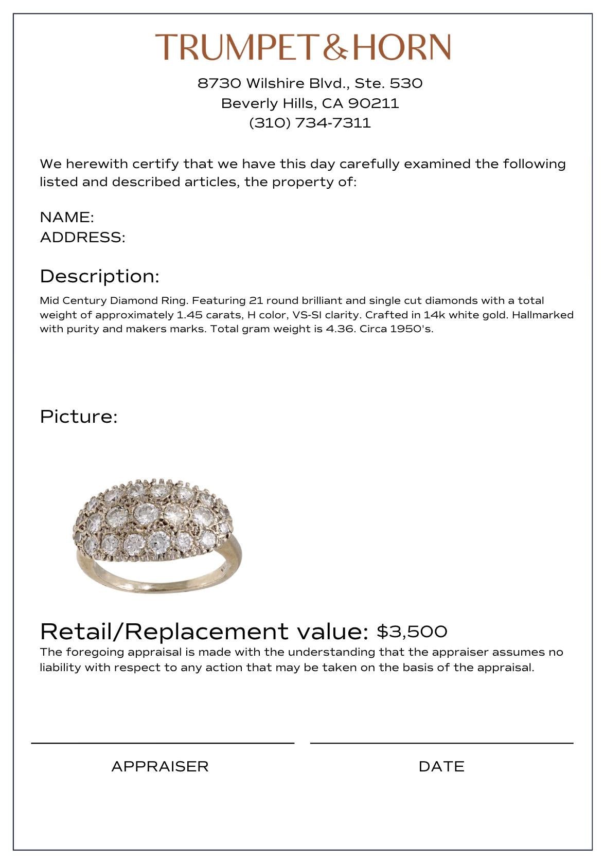 Mid Century diamond 14k white gold ring