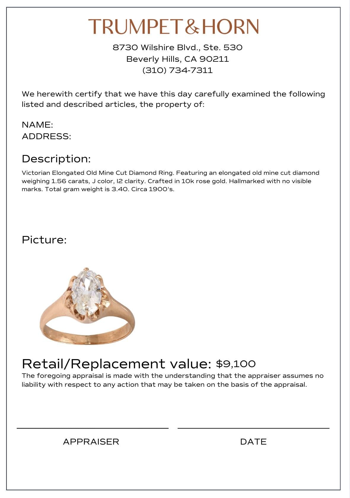 Victorian GIA 1.56 carat old mine cut diamond 10k rose gold engagement ring