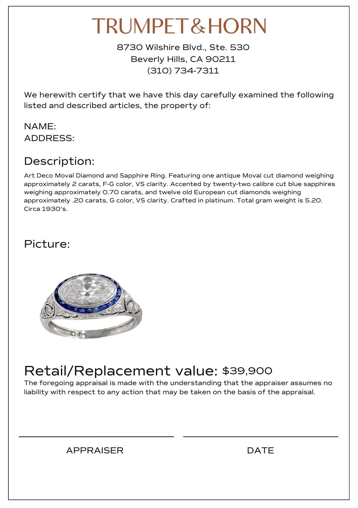 Art Deco 2 carat moval cut diamond sapphire platinum engagement ring