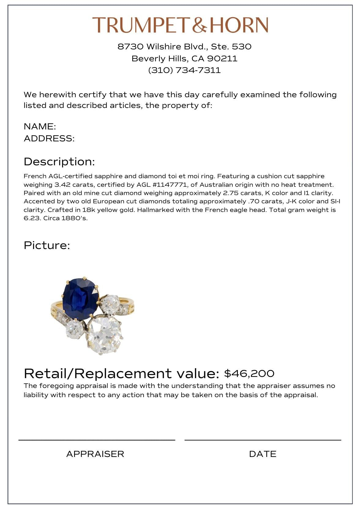French AGL 3.42 carat no heat sapphire diamond 18k yellow gold toi et moi ring