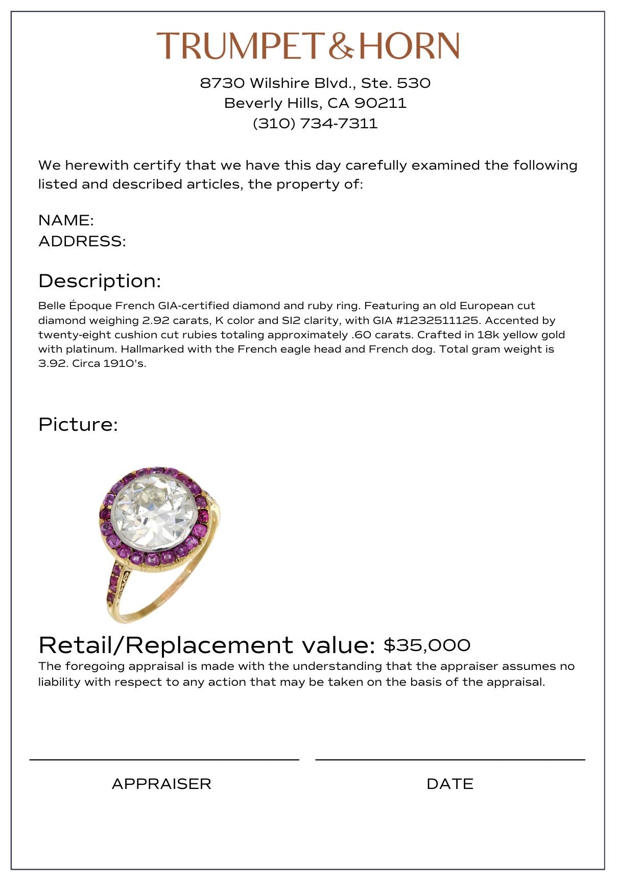 Belle Époque French GIA 2.92 carat diamond ruby 18k yellow gold ring