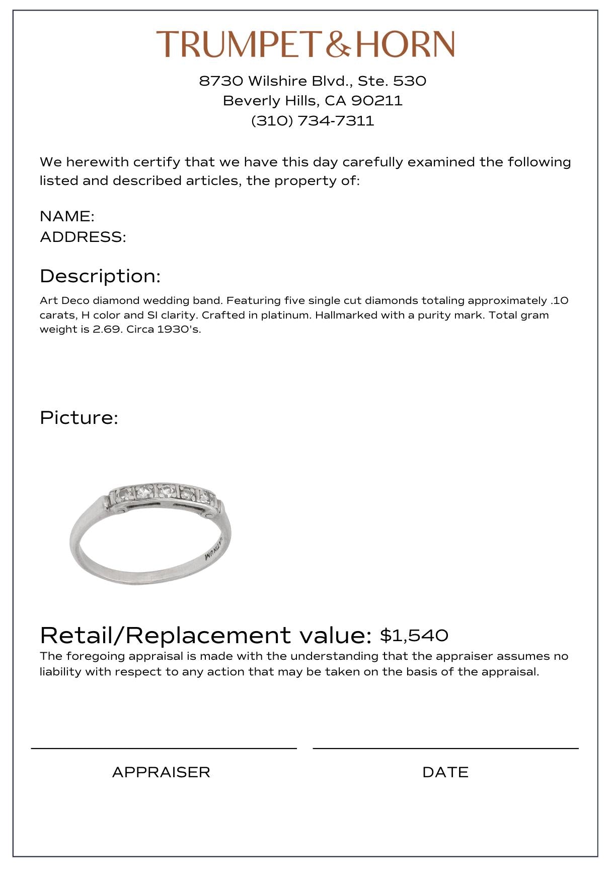 Art Deco diamond platinum wedding band
