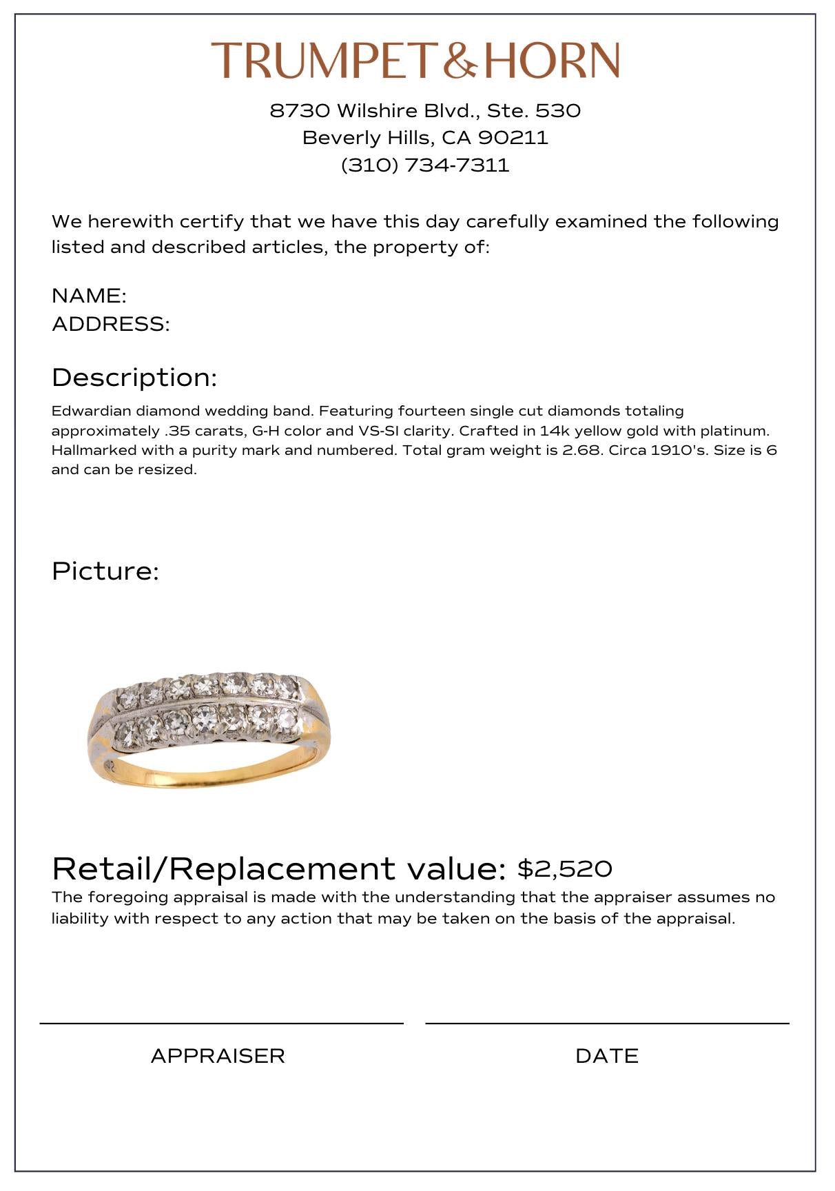 Edwardian diamond 14k yellow gold wedding band
