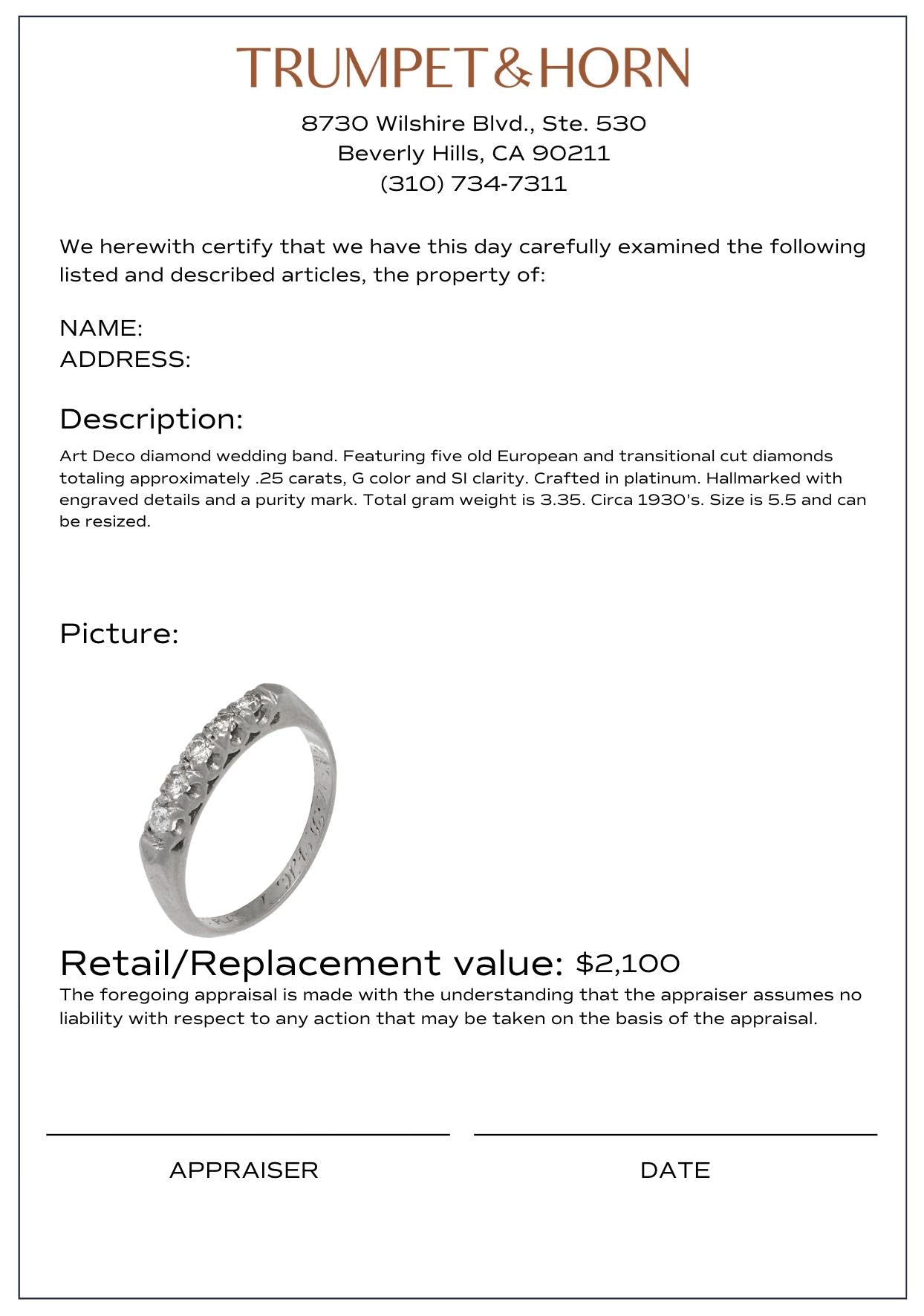 Art Deco diamond platinum wedding band