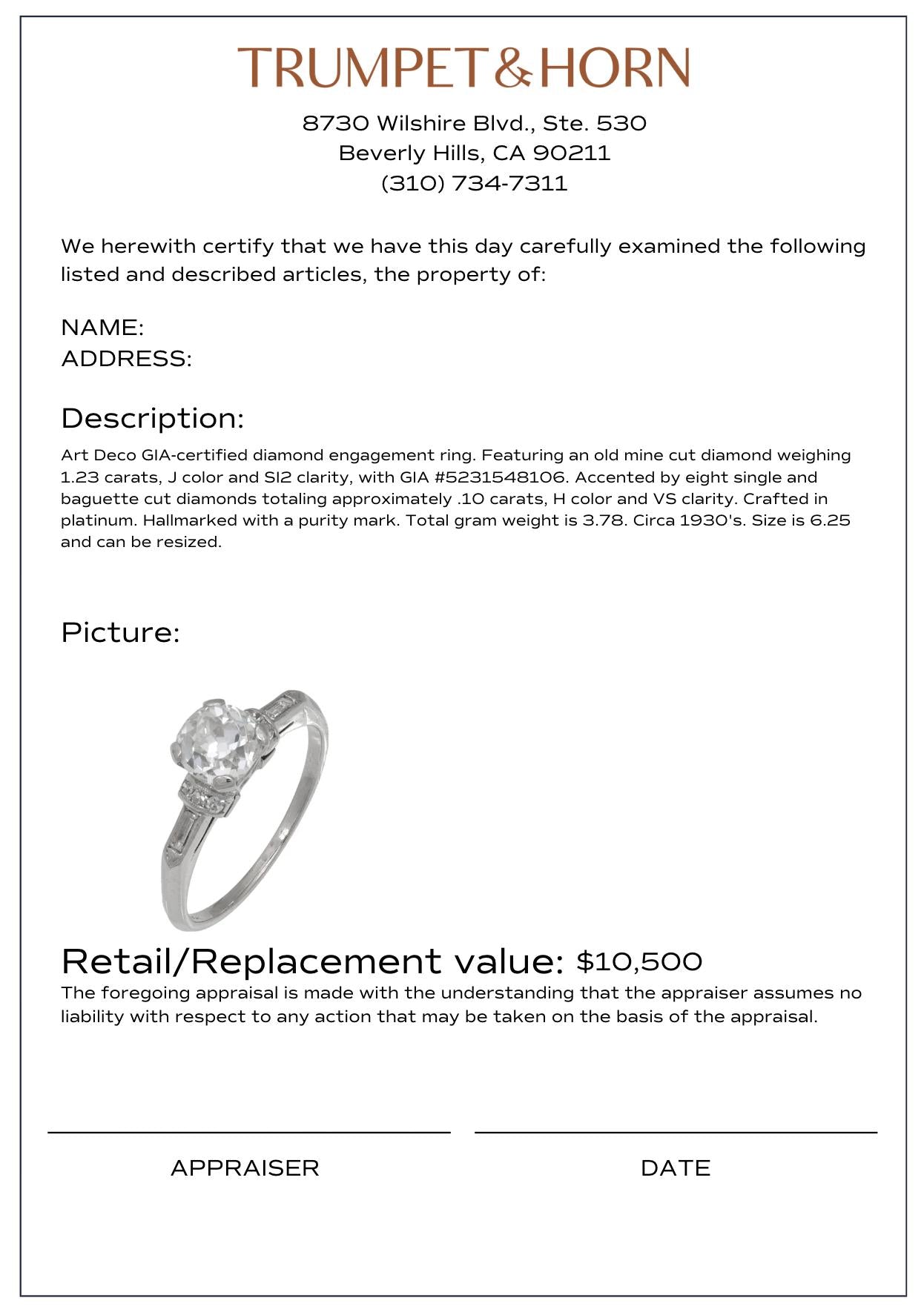 Art Deco GIA 1.23 carat old mine cut diamond platinum engagement ring