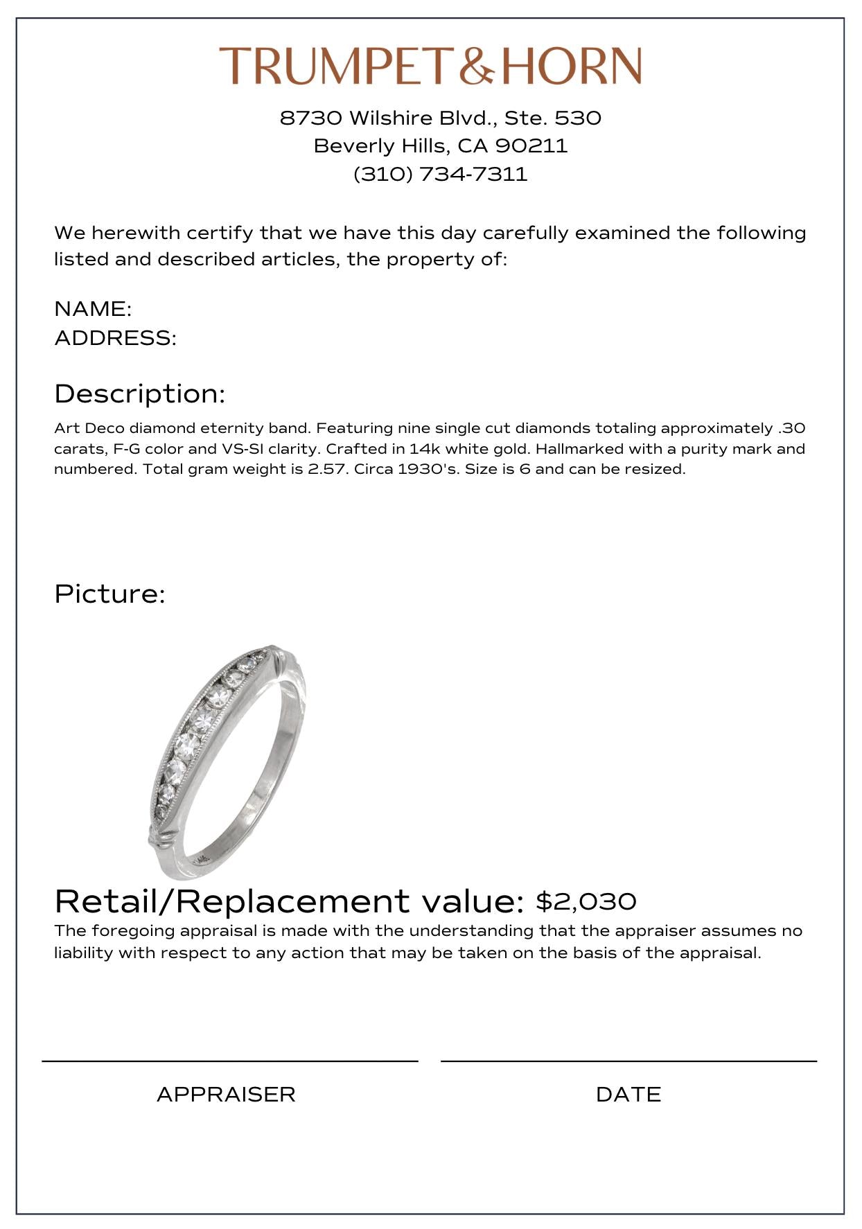 Art Deco diamond 14k white gold eternity band