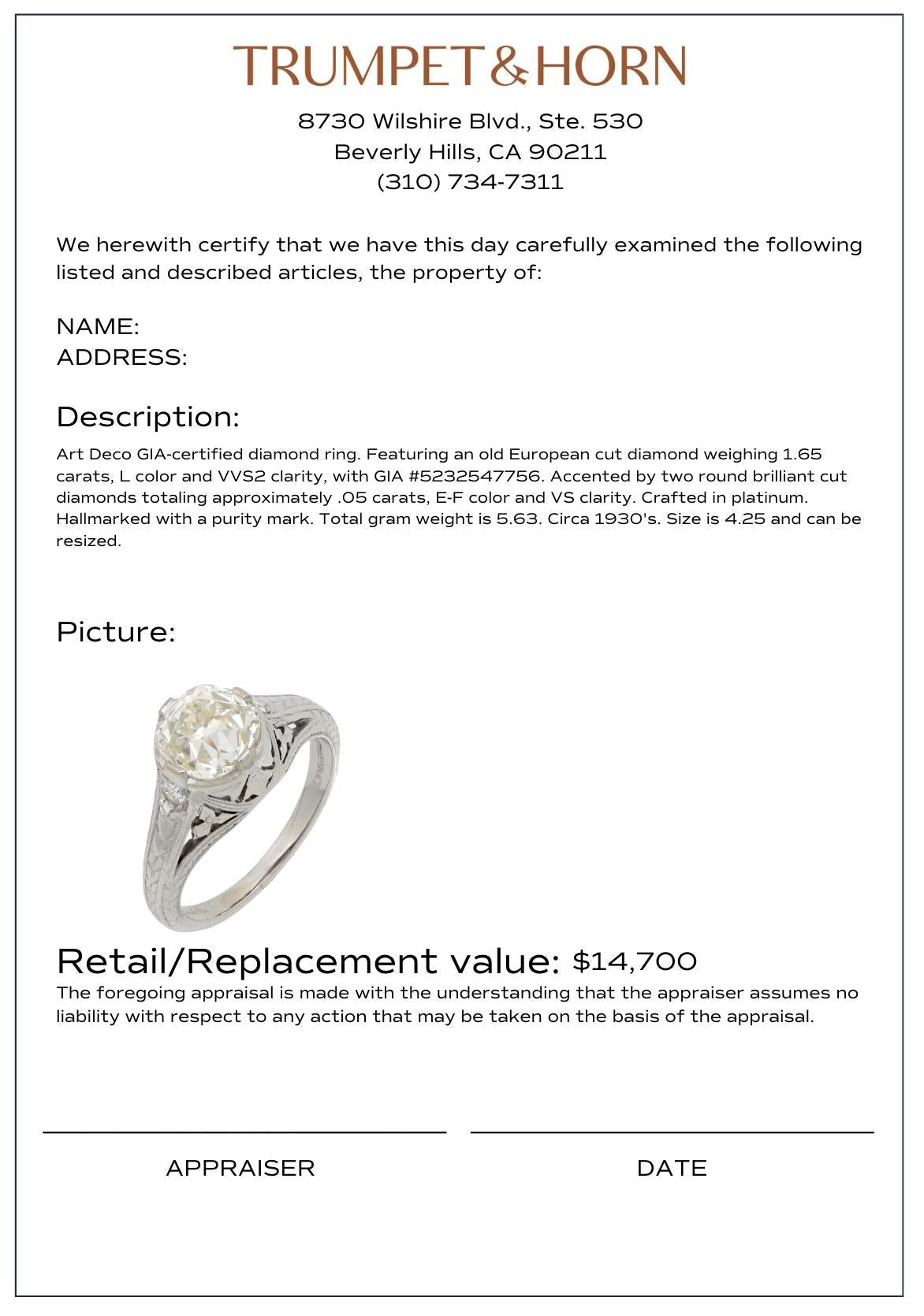 Art Deco GIA 1.65 carat diamond platinum engagement ring