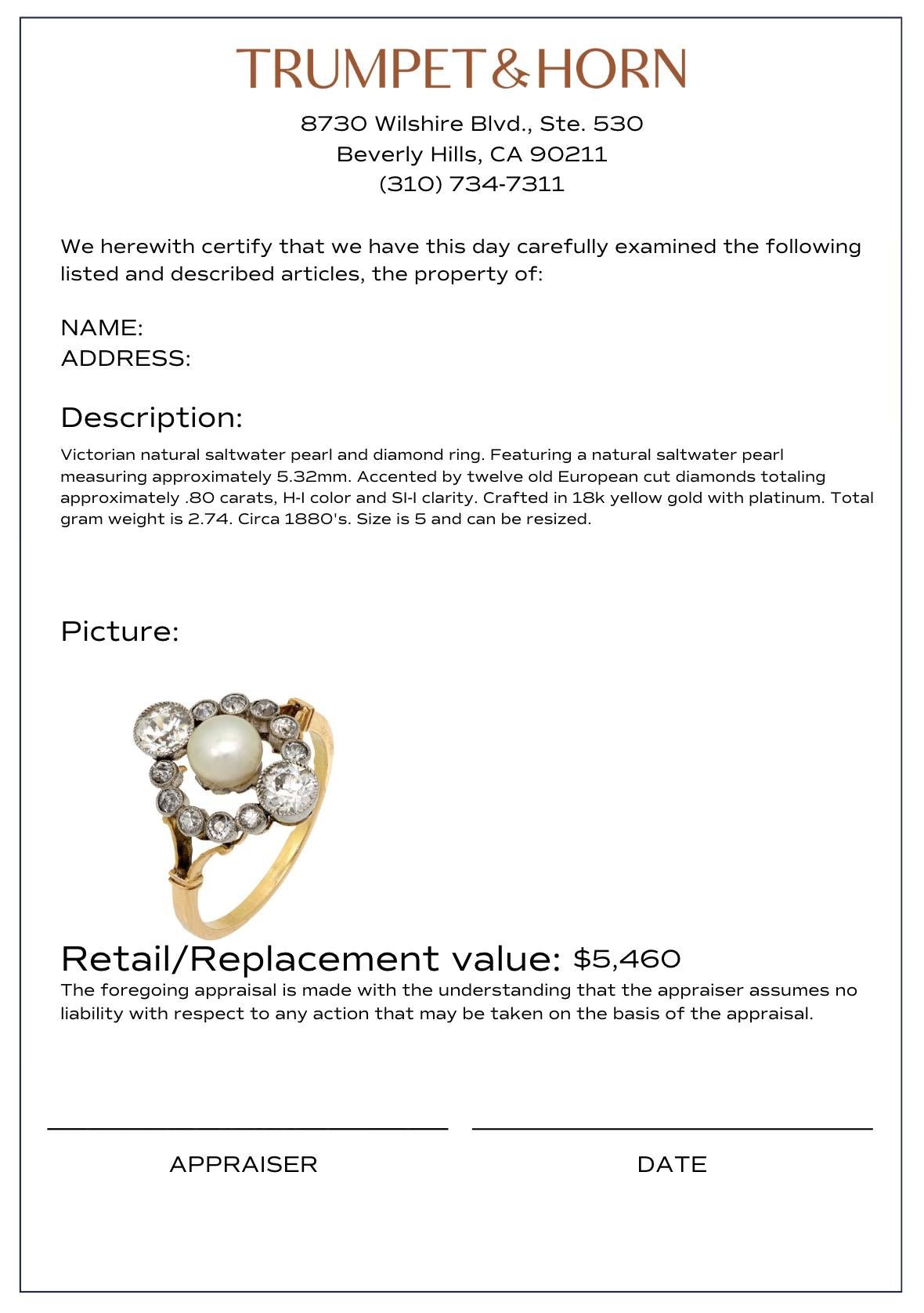 Victorian pearl and diamond 18k yellow gold and platinum navette ring
