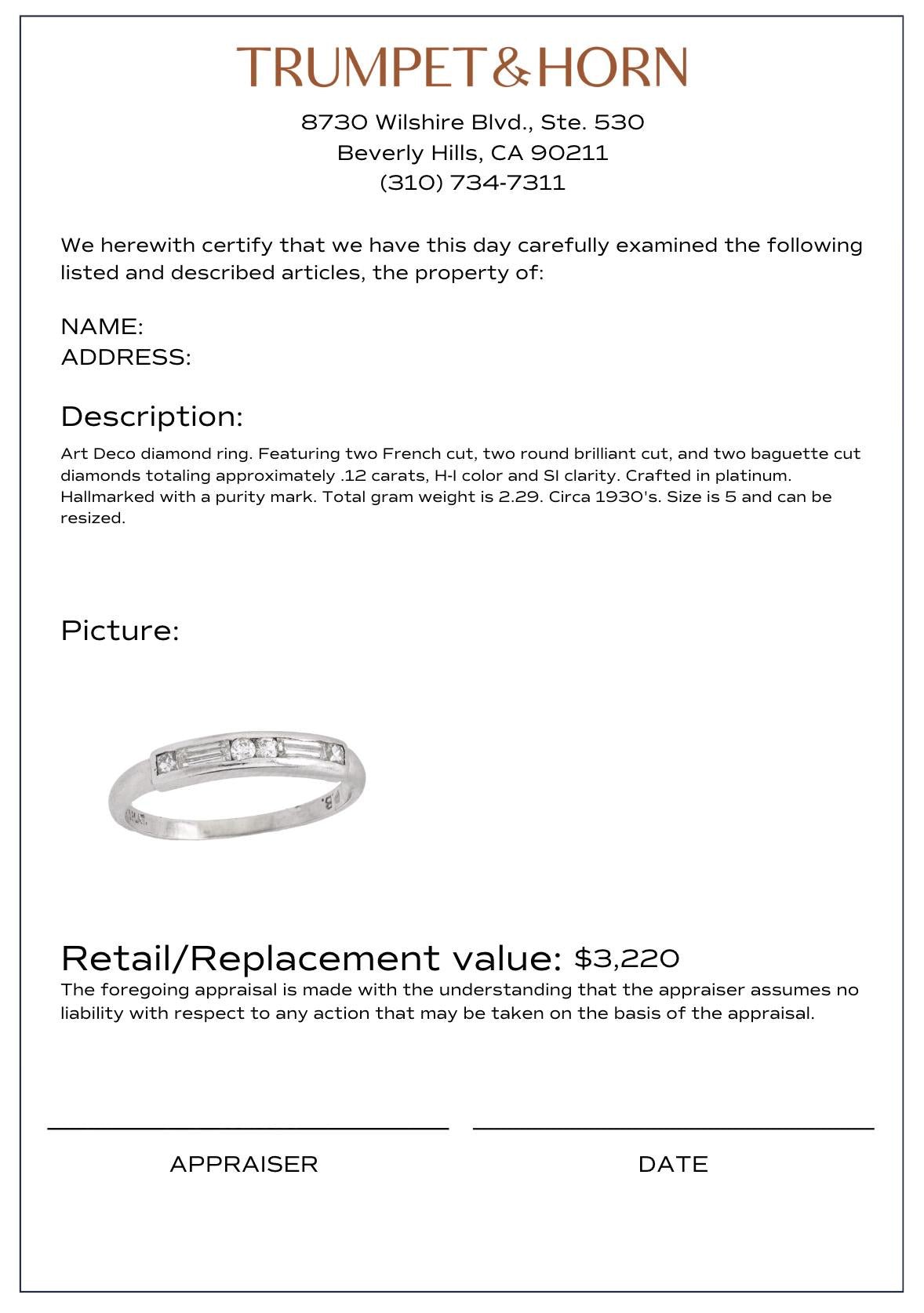 Art Deco round and baguette cut diamond platinum band
