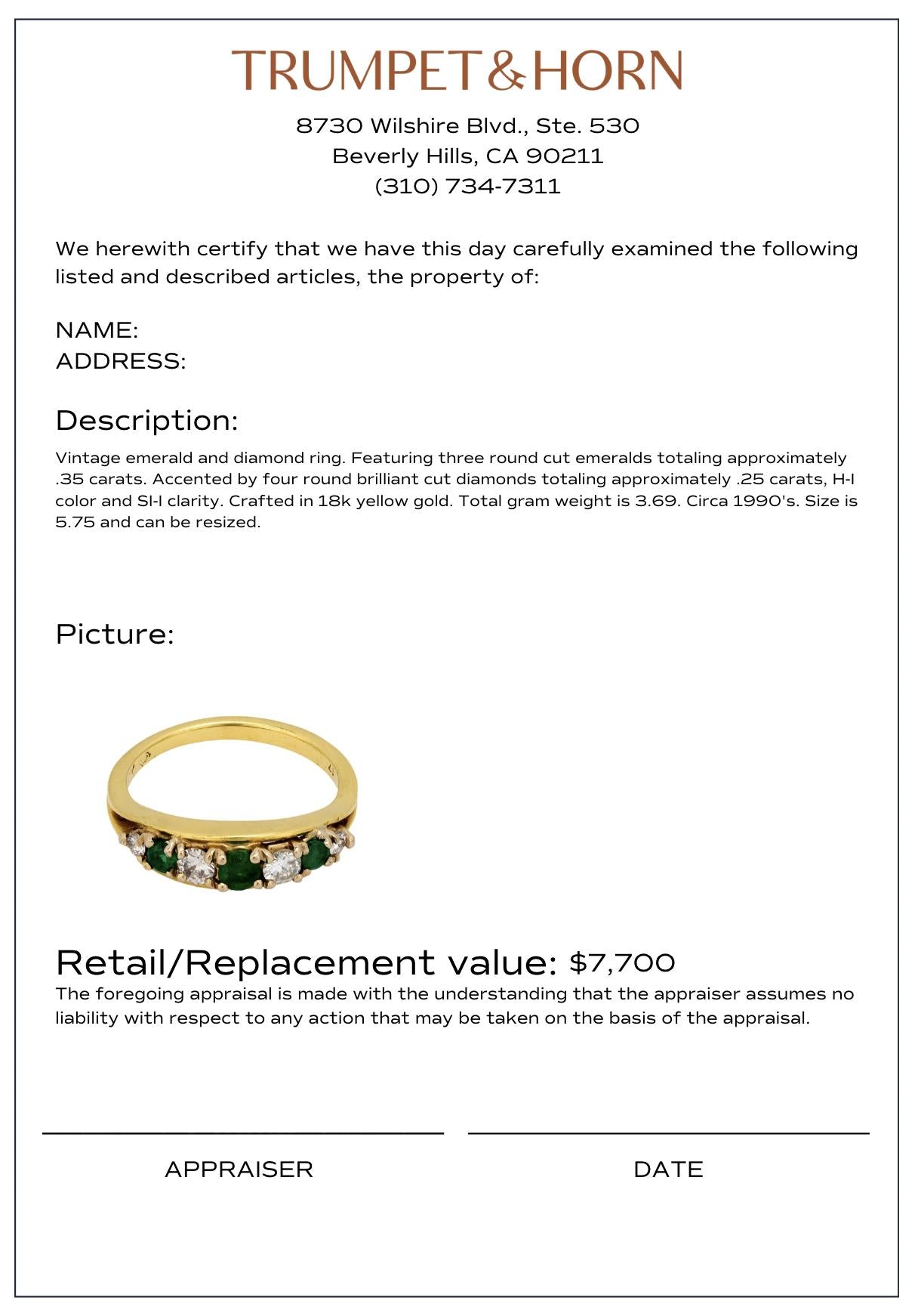 Vintage emerald diamond 18k yellow gold band