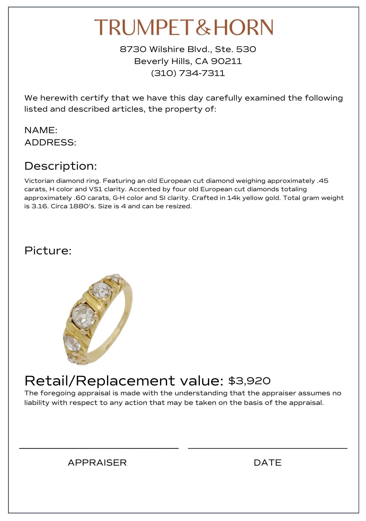 Victorian diamond 14k yellow gold 5 stone ring