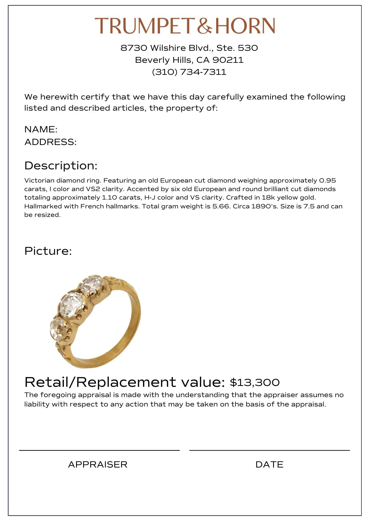 French 2.05 carat old European cut diamond 18k yellow gold 3 stone ring