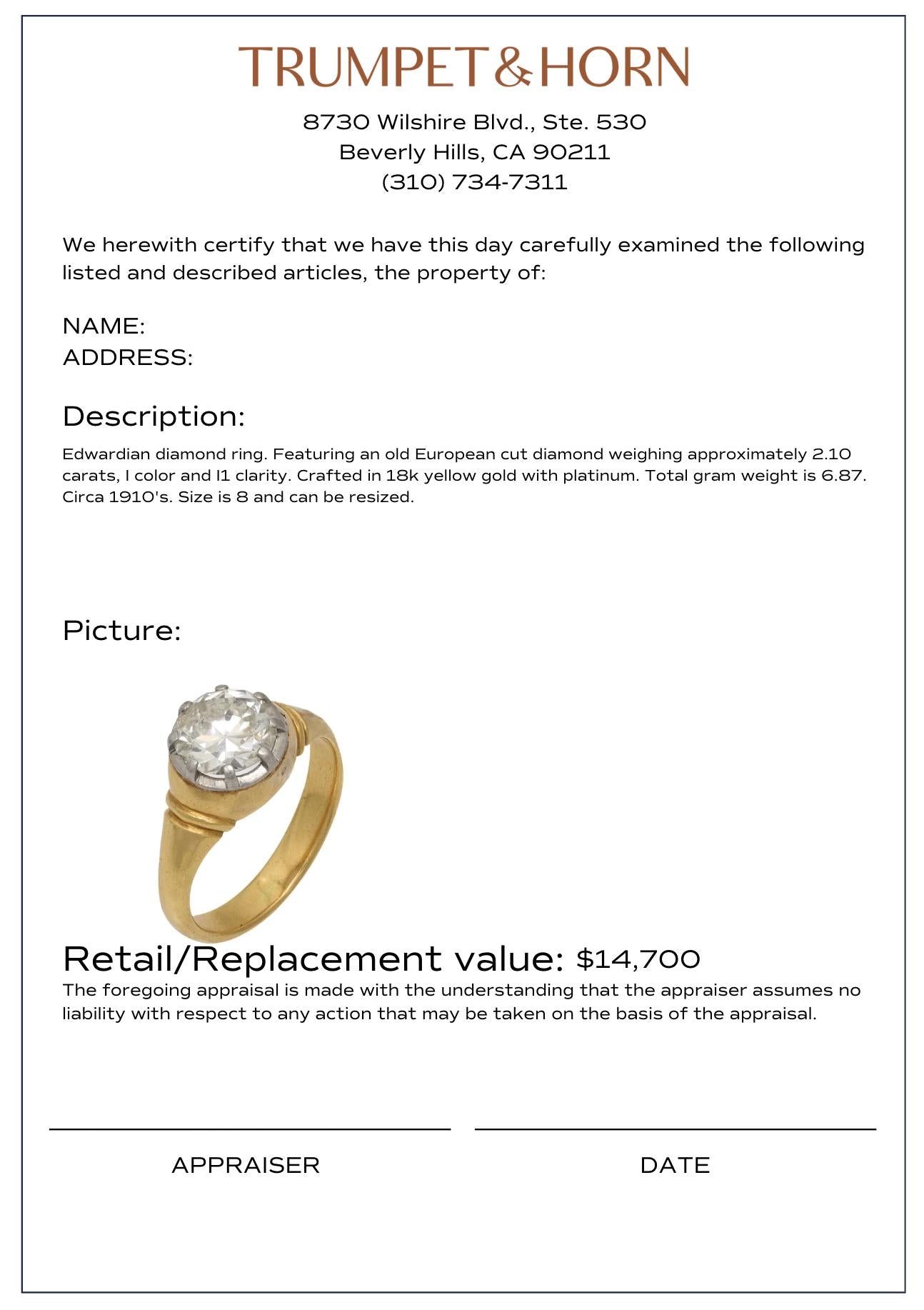 Edwardian 2.10 carat old European cut diamond 18k yellow gold engagement ring