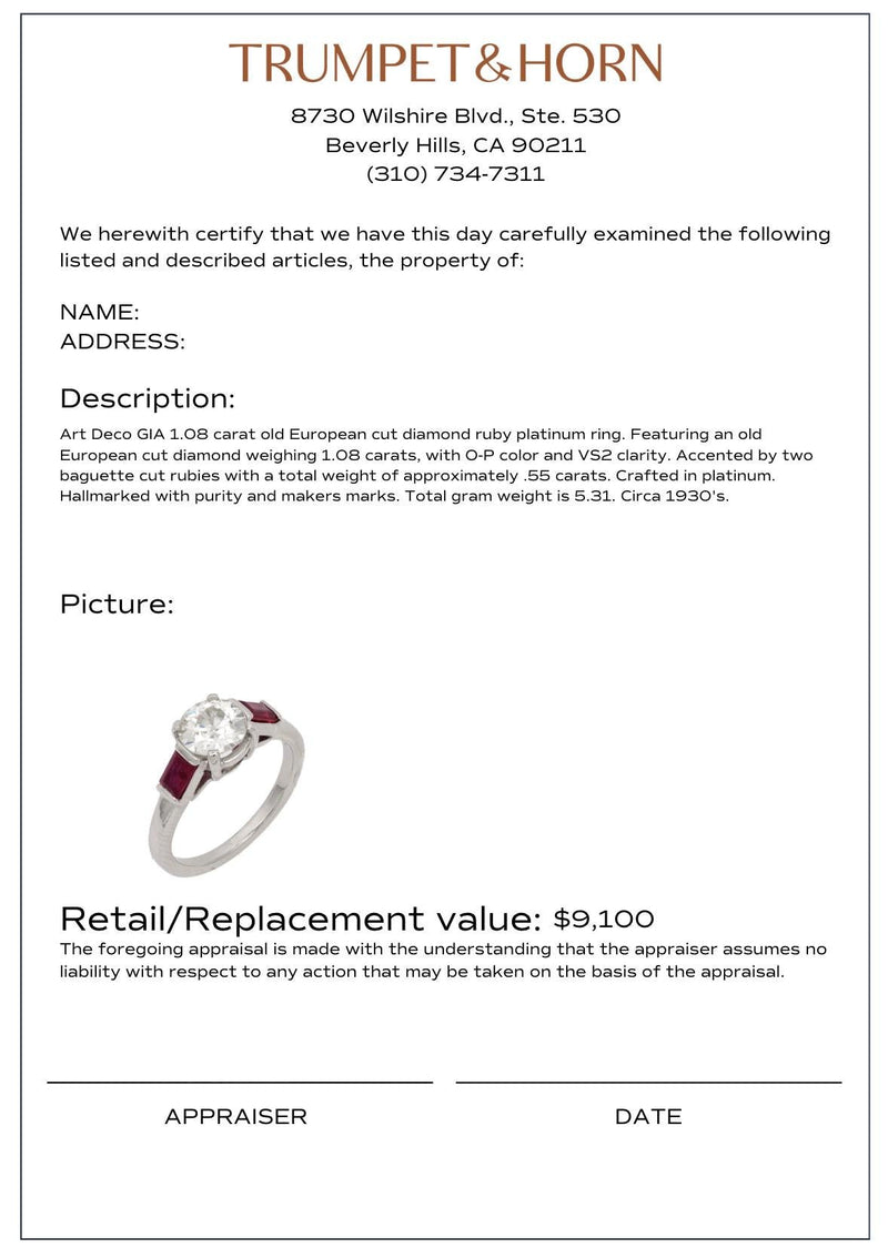 Art Deco GIA 1.08 carat old European cut diamond ruby platinum engagement ring