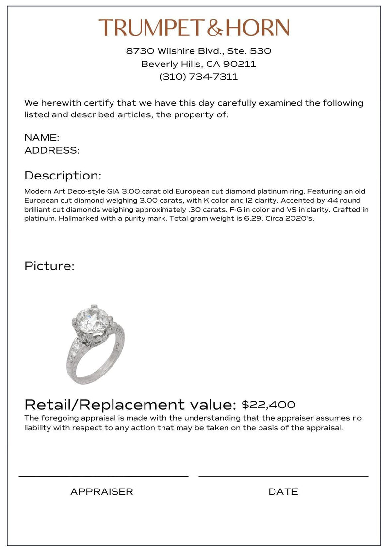 Modern GIA 3.00 carat diamond Art Deco style engagement ring