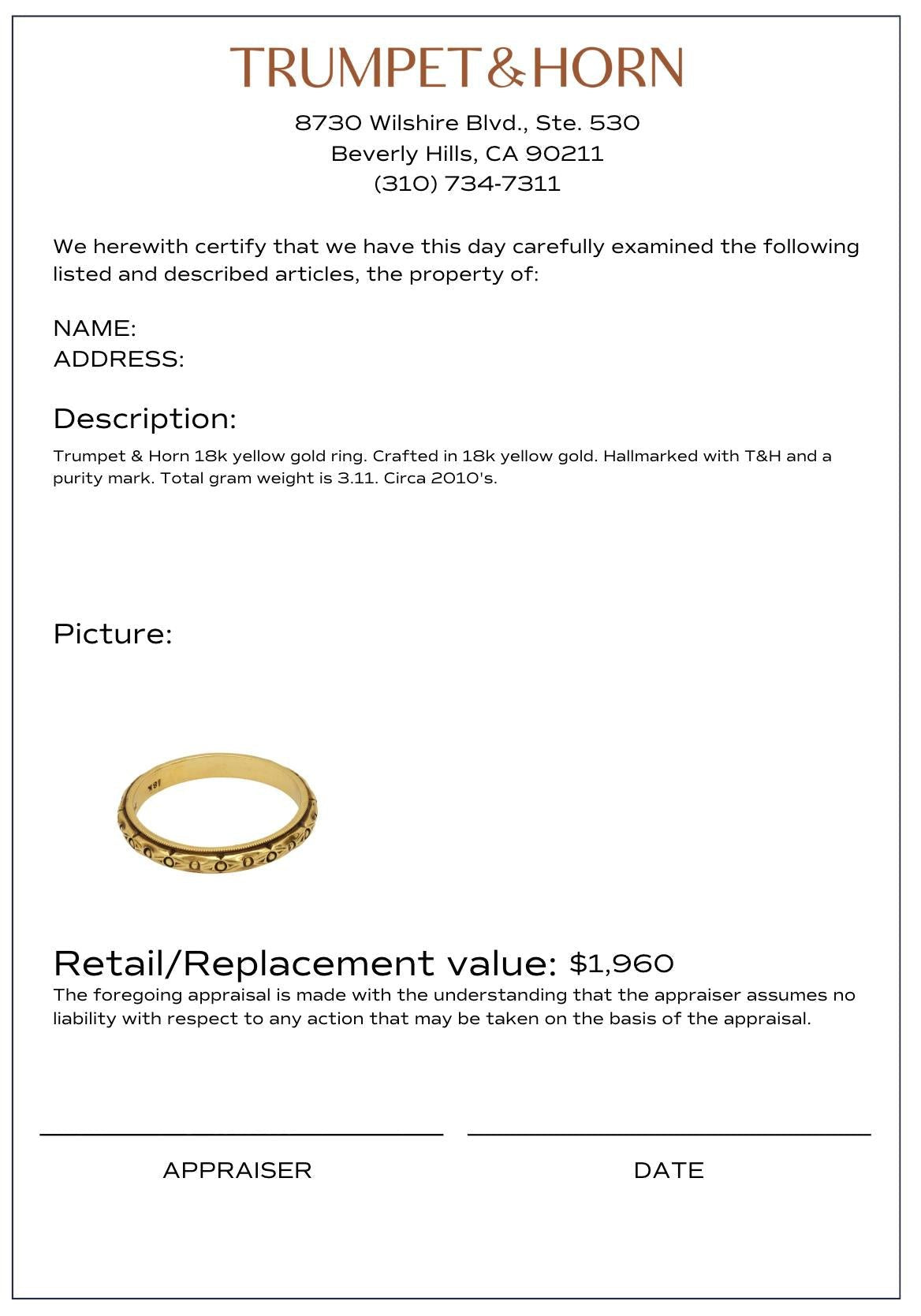 Trumpet & Horn 18k yellow gold band