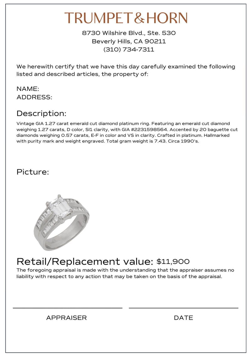 GIA 1.27 carat emerald cut diamond platinum engagement ring