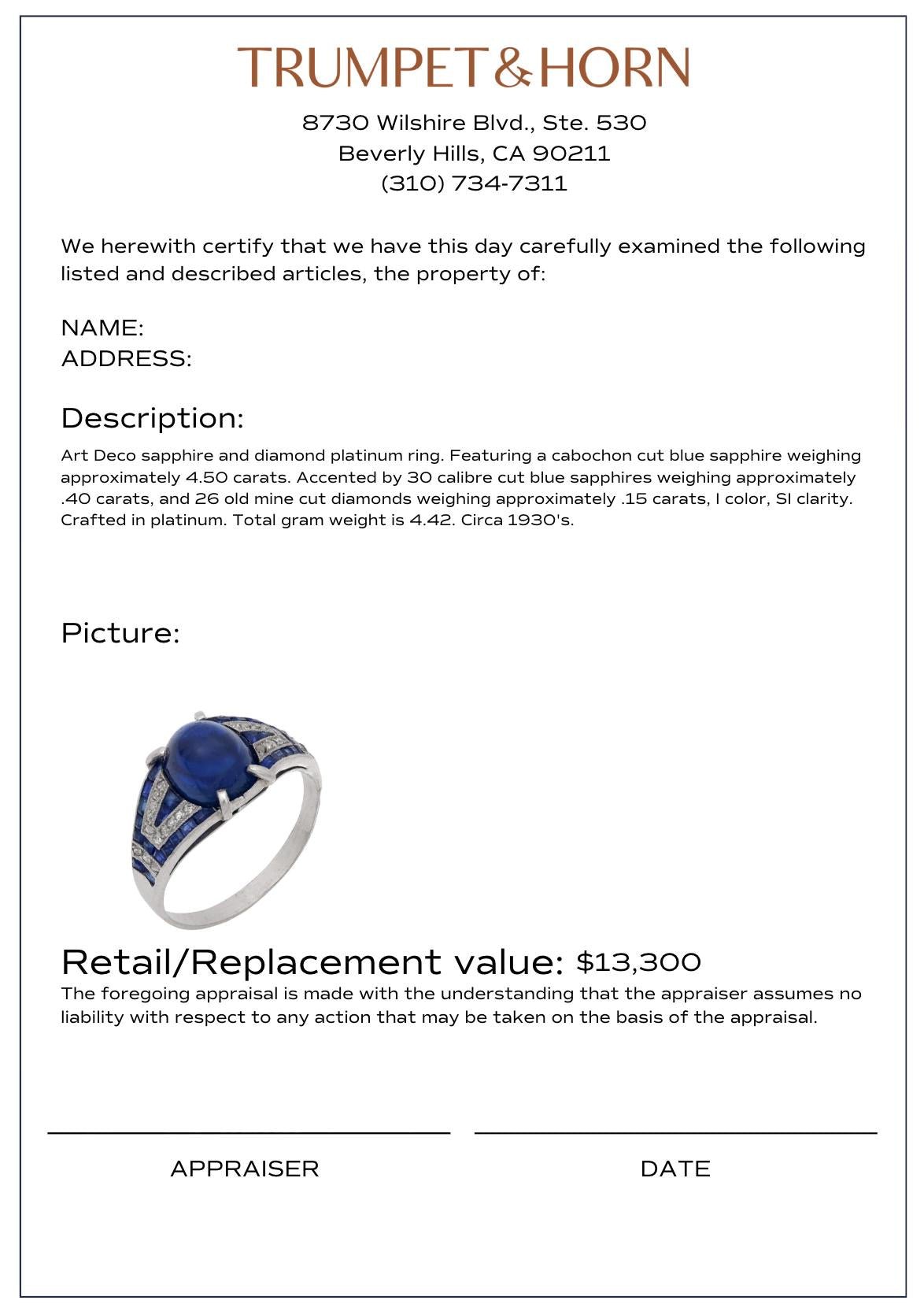 Art Deco 4.50 carat cabochon cut sapphire diamond platinum ring