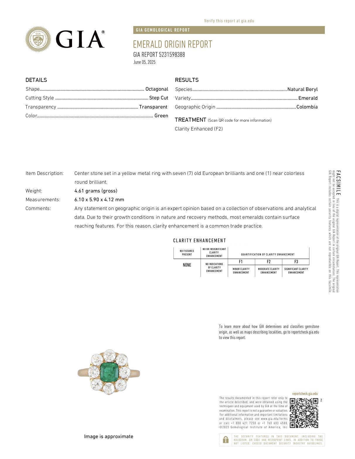 Victorian GIA Colombian emerald diamond 18k rose gold cluster ring
