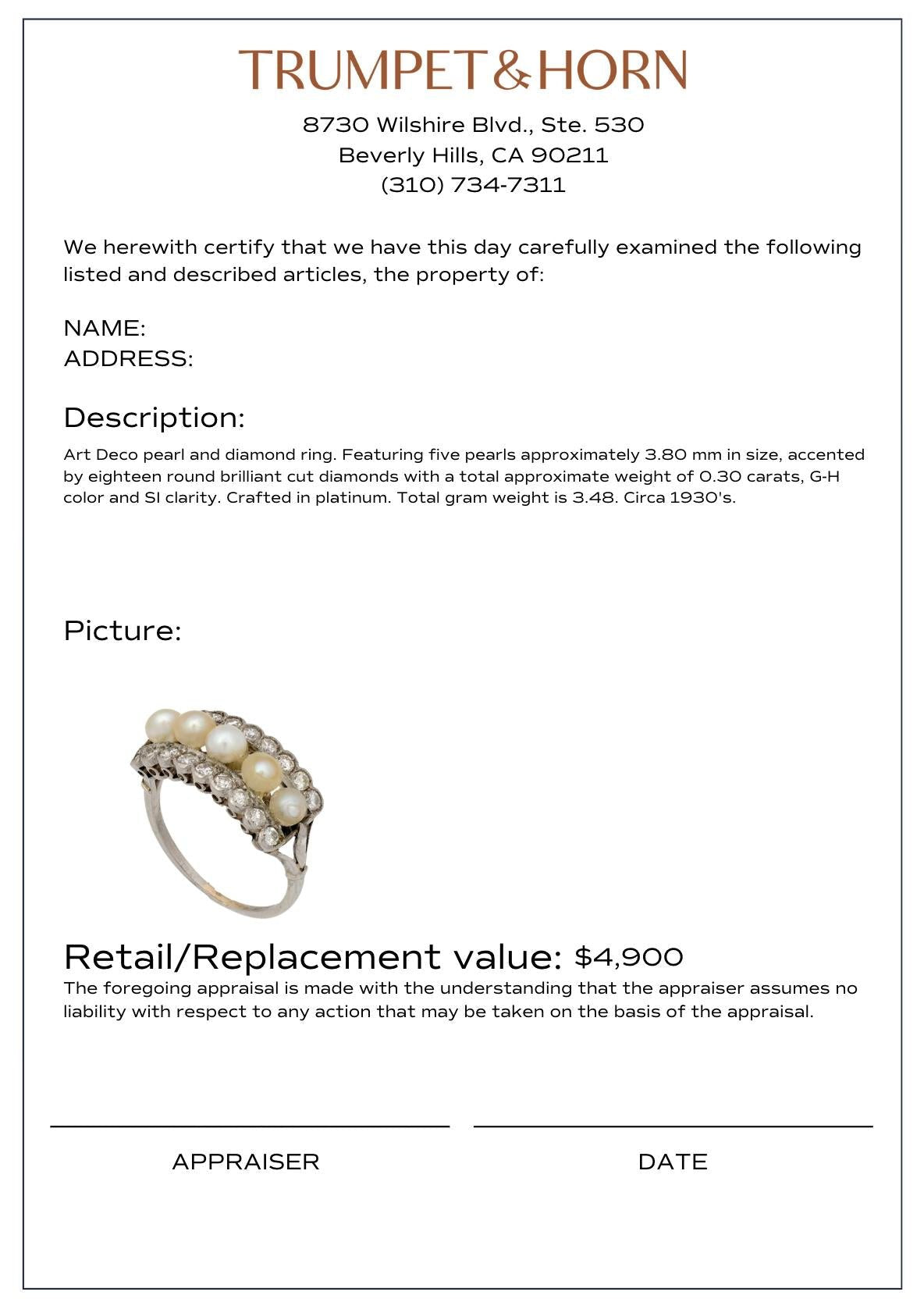 Art Deco pearl diamond platinum ring