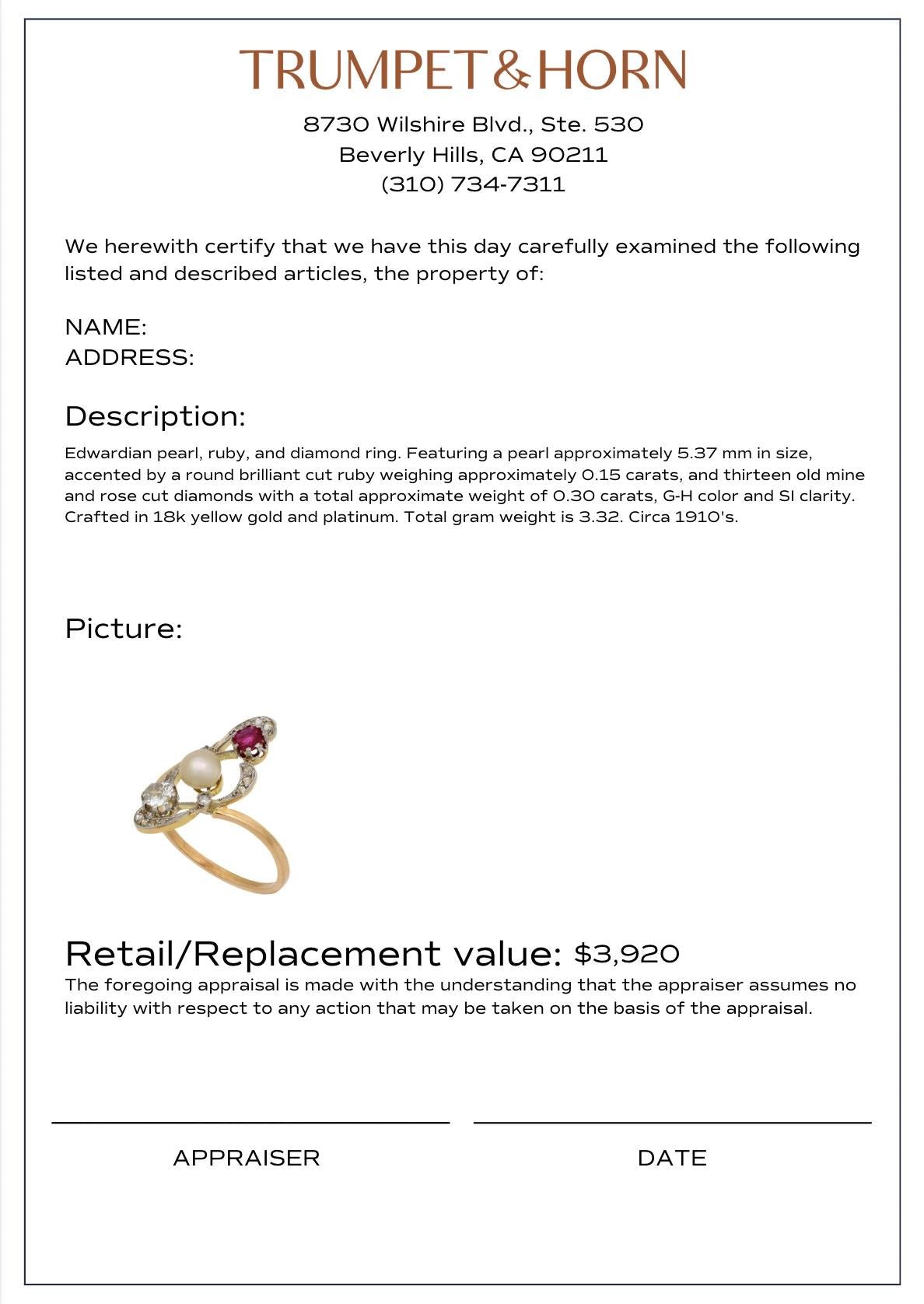 Edwardian pearl ruby diamond 18k yellow gold ring