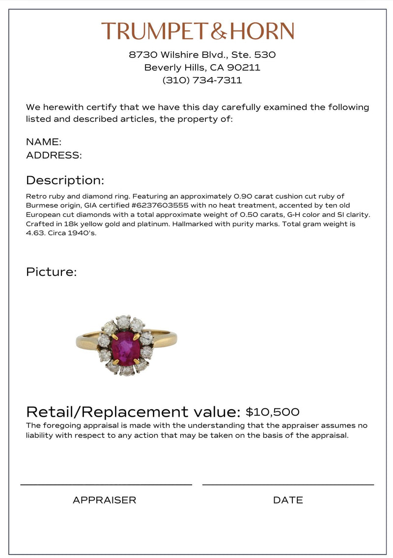 Retro GIA Burma no heat ruby 18k yellow gold and platinum cluster ring
