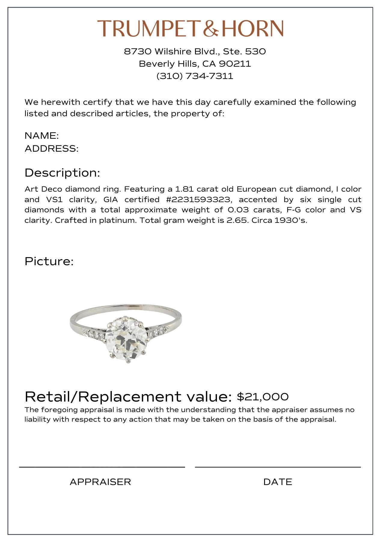 Art Deco GIA 1.81 carat diamond platinum engagement ring