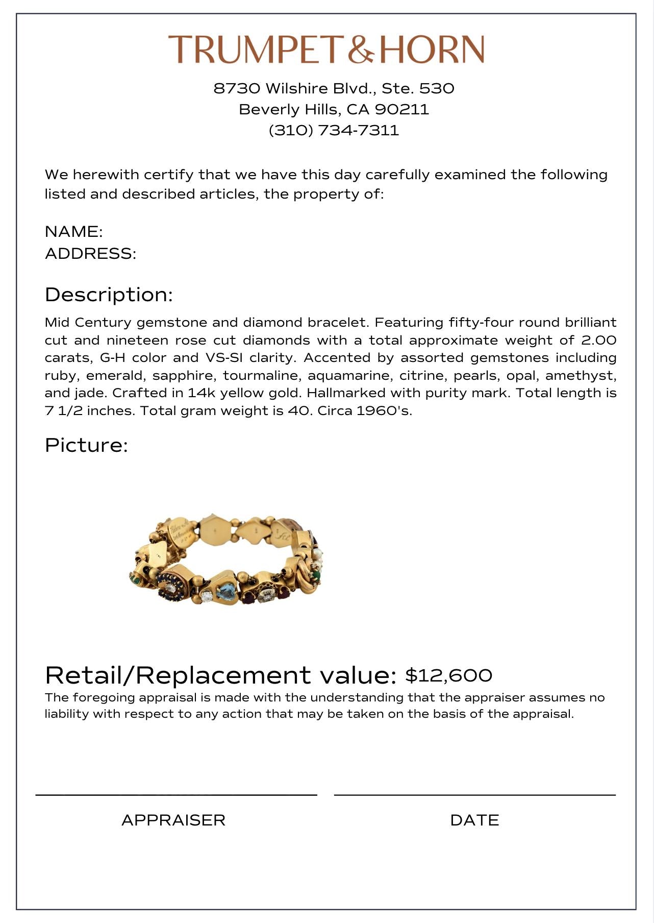 Mid Century diamond and gemstone 14k yellow gold chunky bracelet
