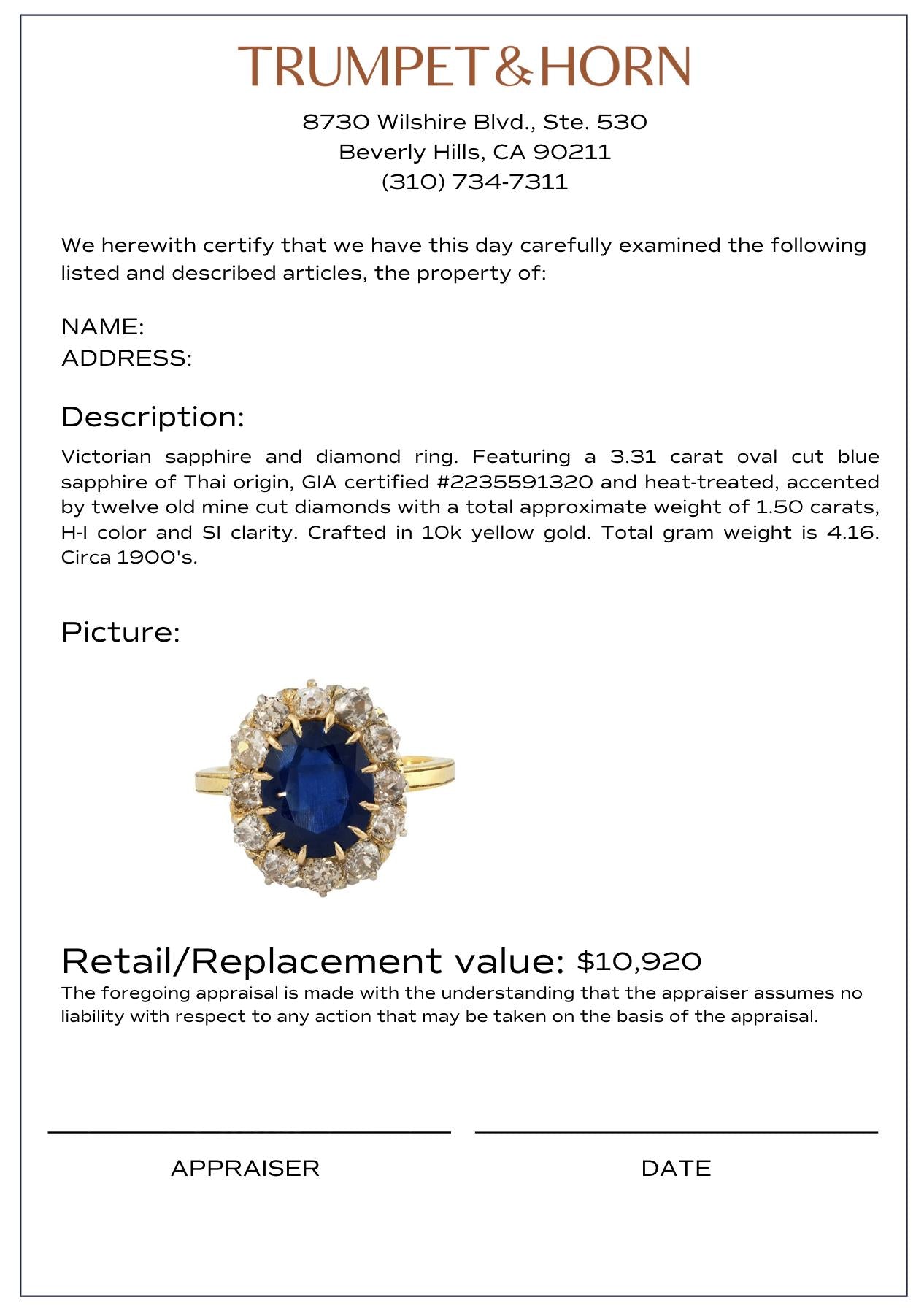 Victorian GIA 3.31 carat sapphire diamond 10k yellow gold cluster ring