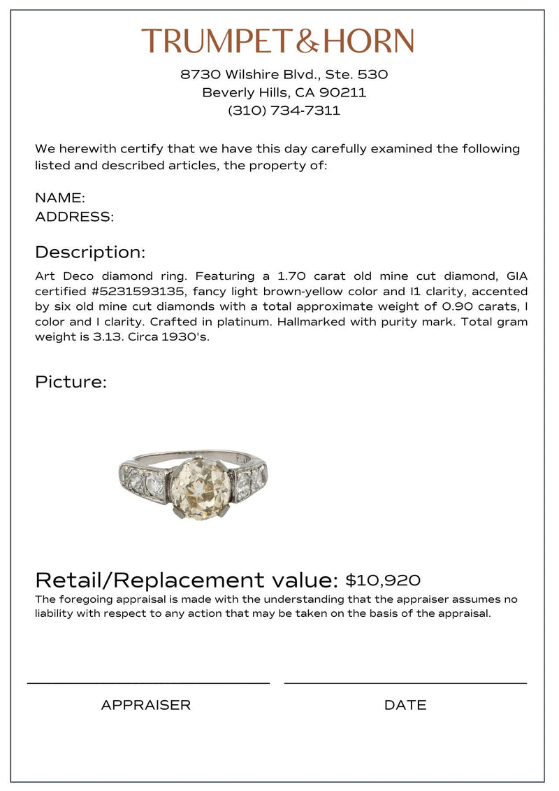 Art Deco GIA 1.70 carat old mine cut diamond platinum engagement ring
