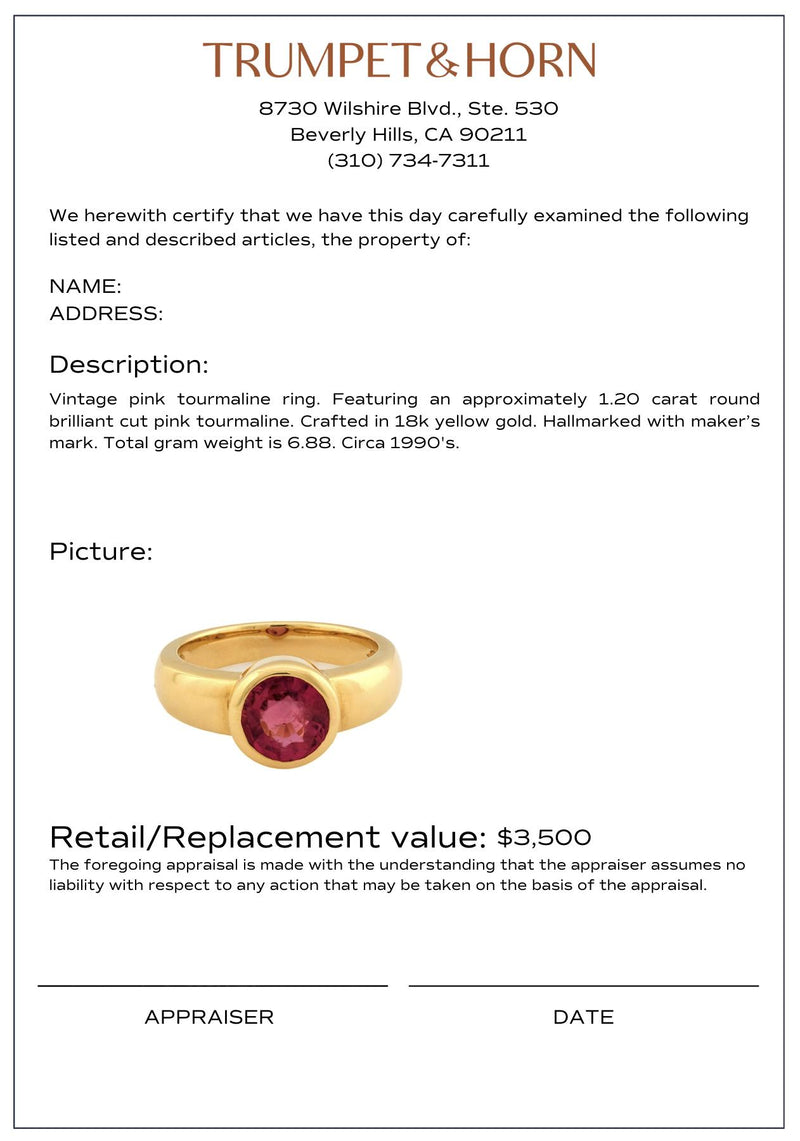 Vintage pink tourmaline 18k yellow gold bezel ring